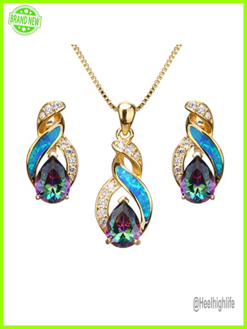 Created Opal Necklace Earrings Set Gold Plated Adjustable Gift for Mom